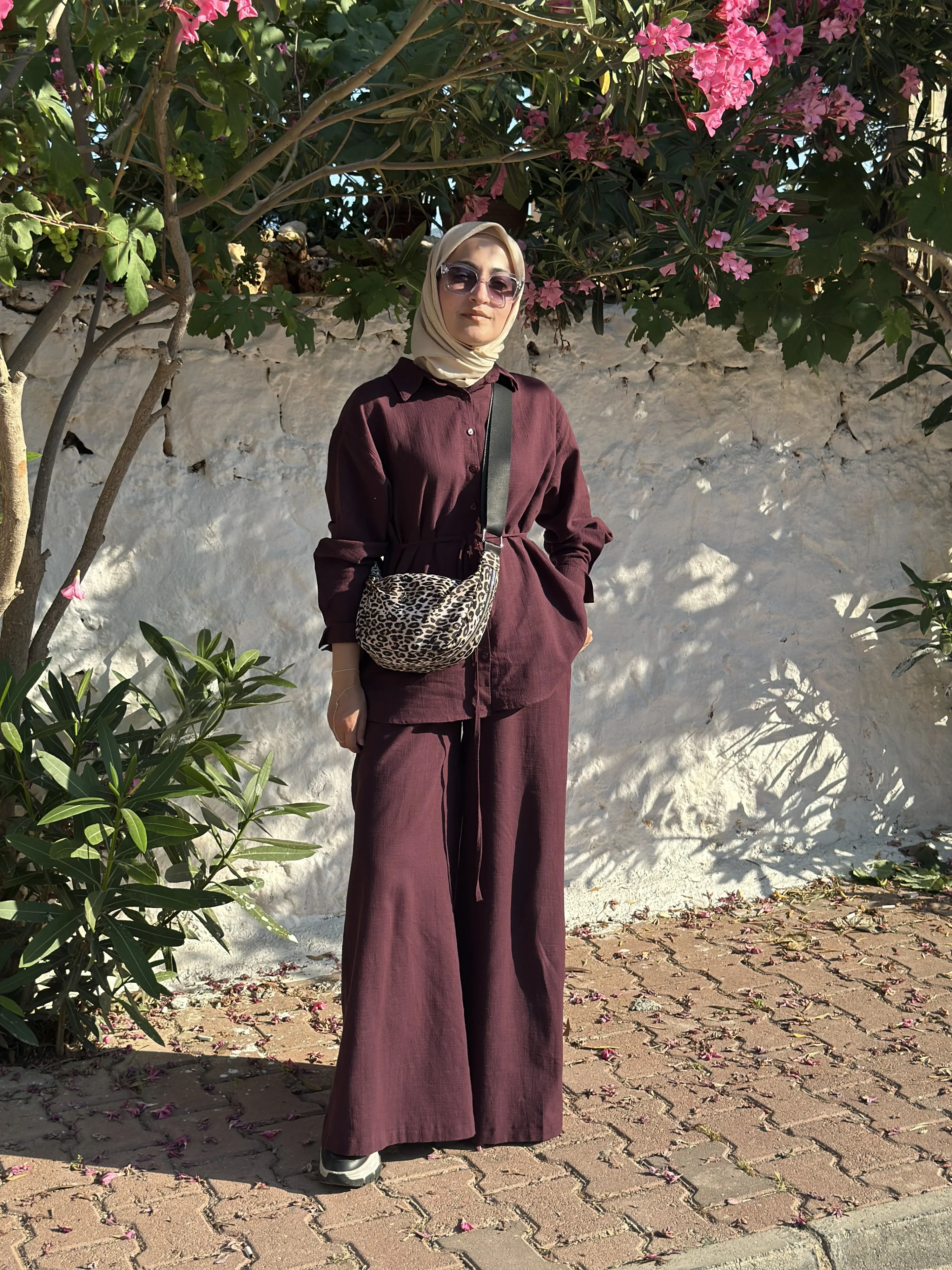 Keten Gömlek Pantolon Takım - Bordo