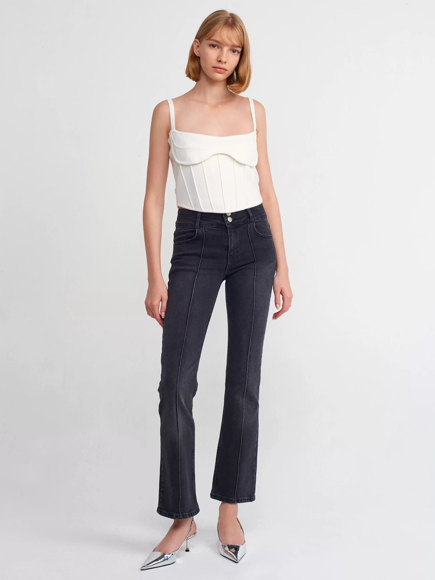 Nervür Dikişli Siyah Denim Pantolon