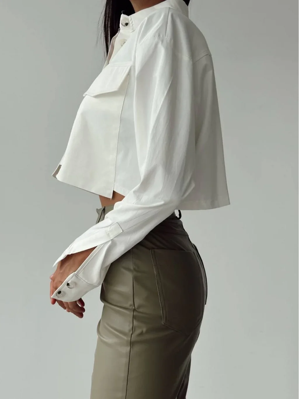 Paça Fermuarlı Deri Pantolon Haki