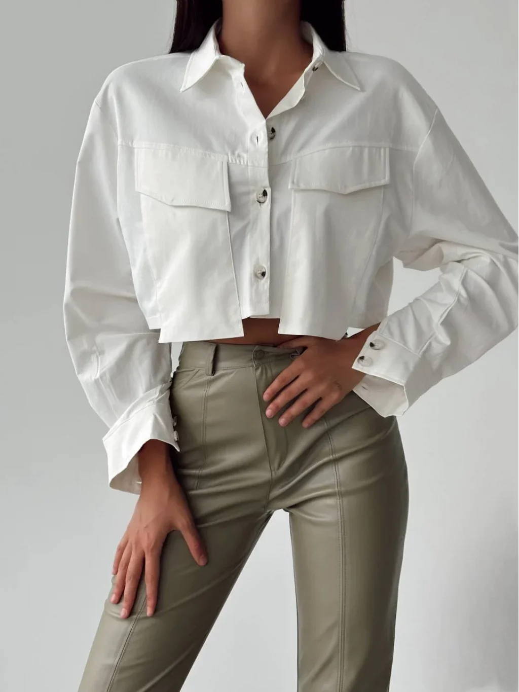 Paça Fermuarlı Deri Pantolon Haki