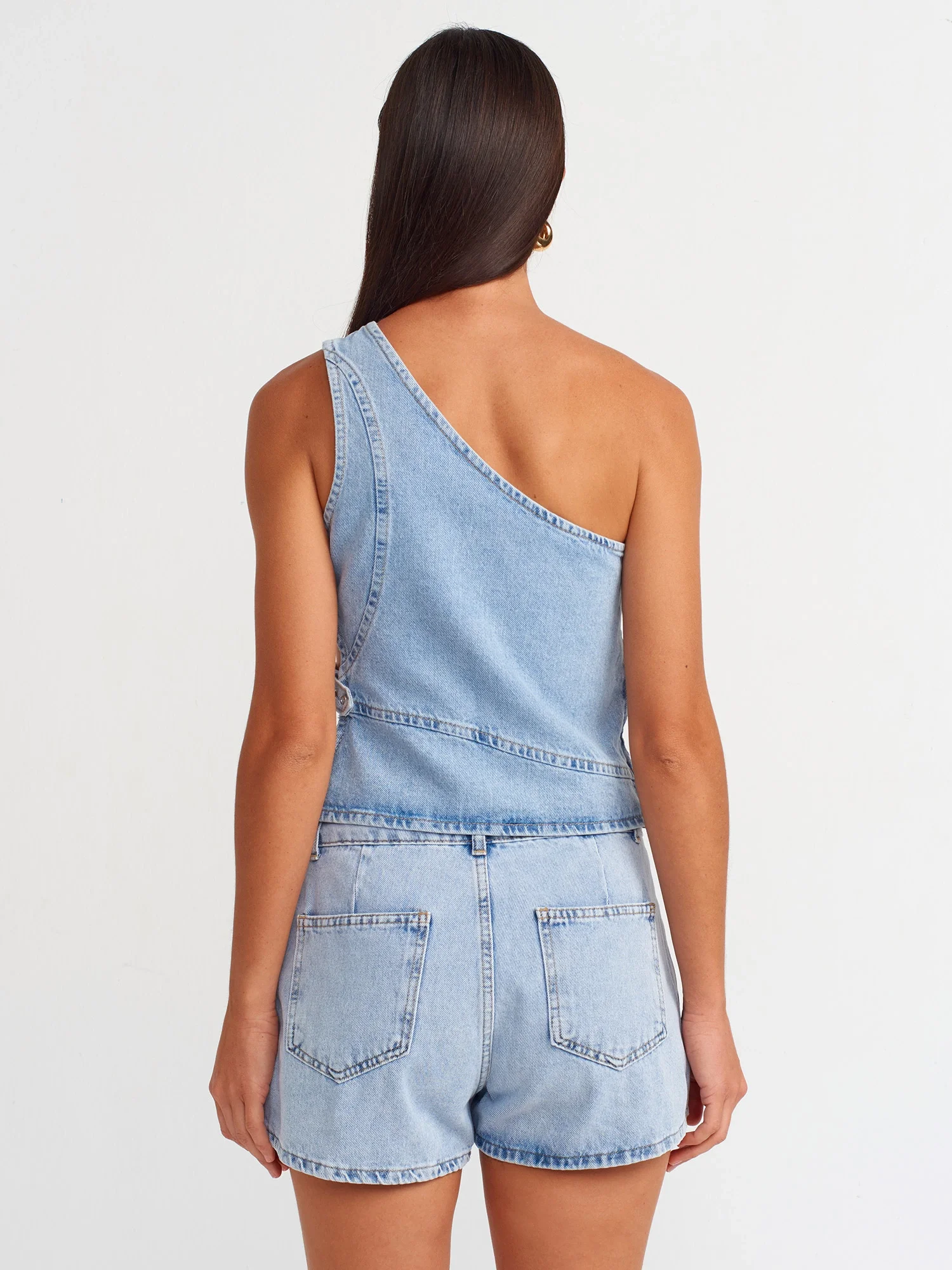 Pencere Detaylı Denim Bluz-Mavi