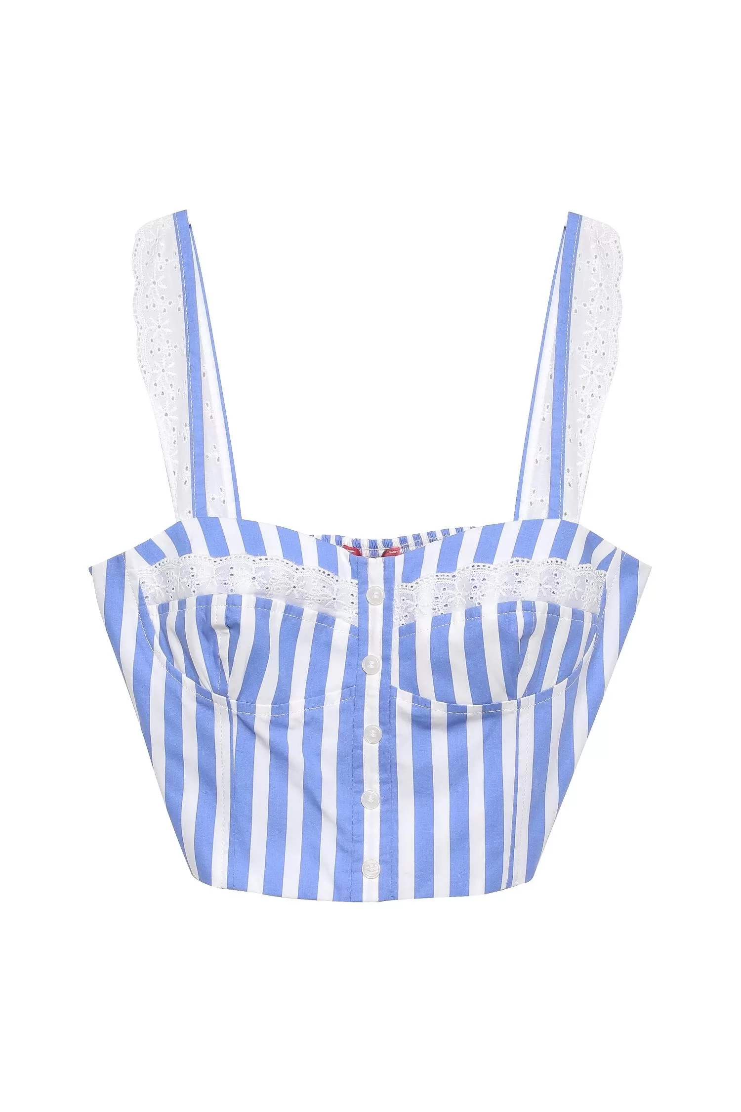 Quzu Brode Detaylı Crop Bluz Mavi