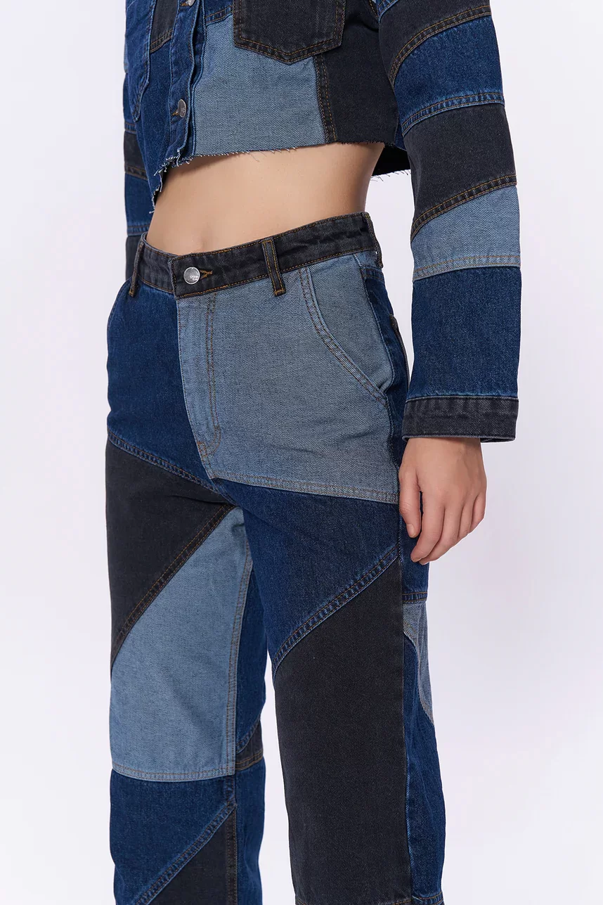 Renk Bloklu Bol Paça Denim Pantolon