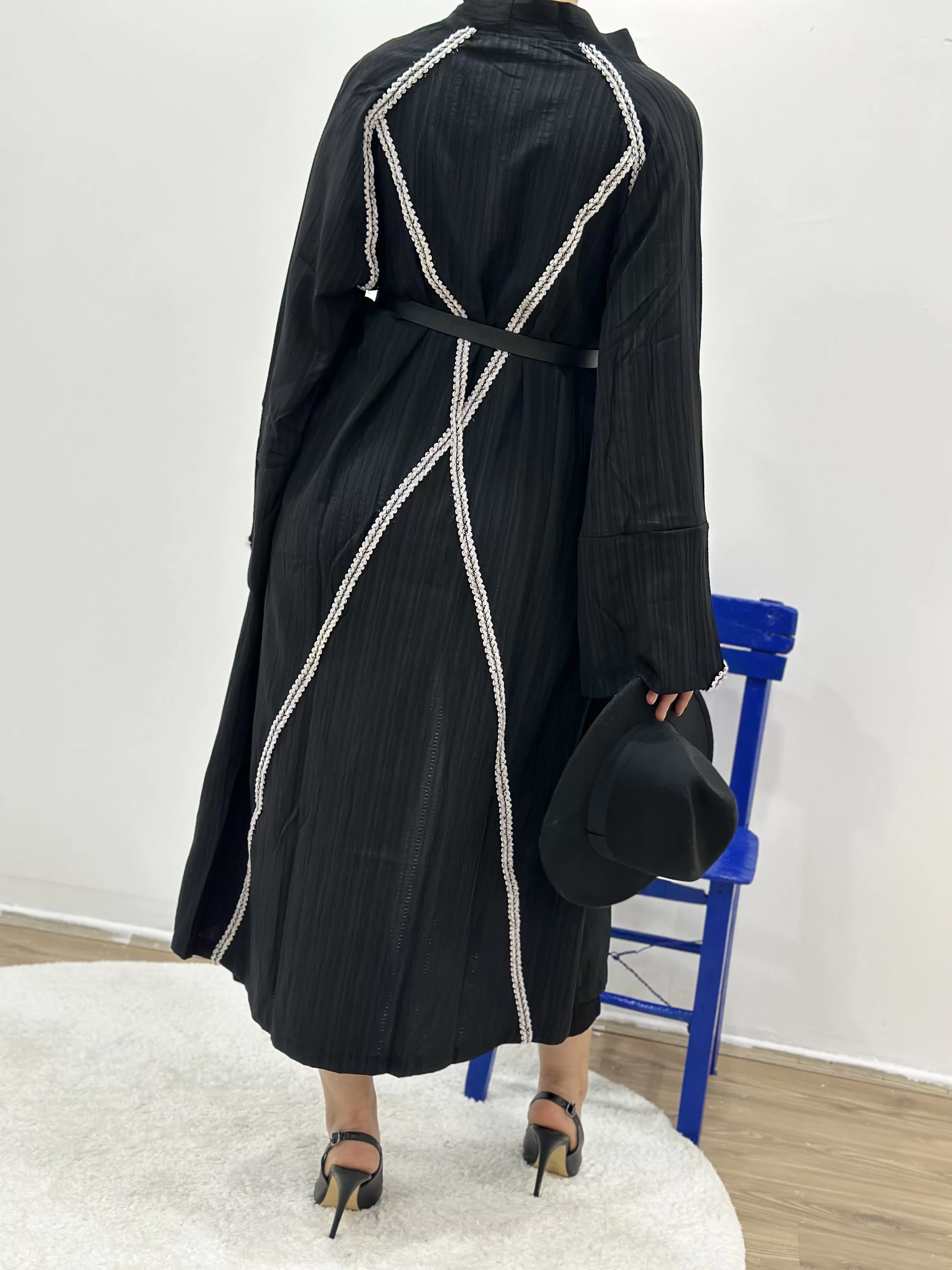 Şerit Detaylı Gofre Uzun Kimono Ceket