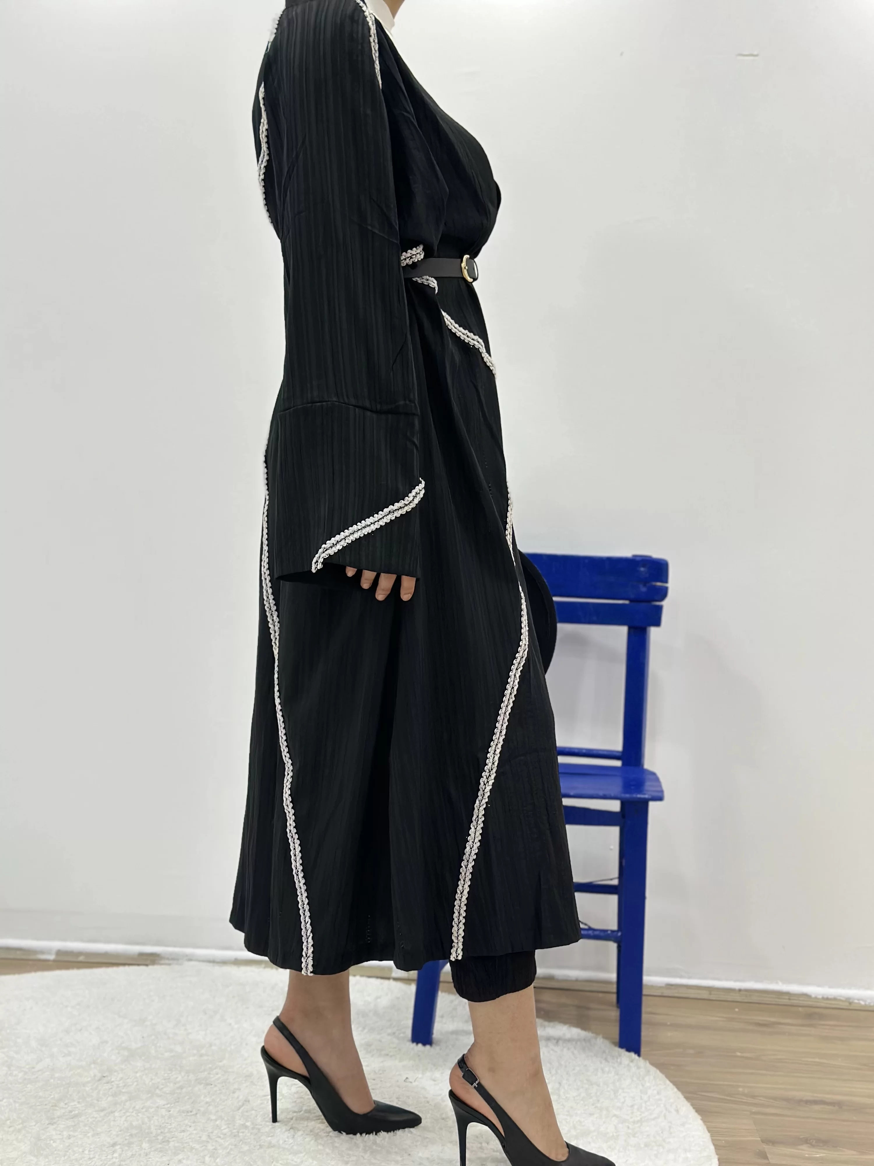 Şerit Detaylı Gofre Uzun Kimono Ceket