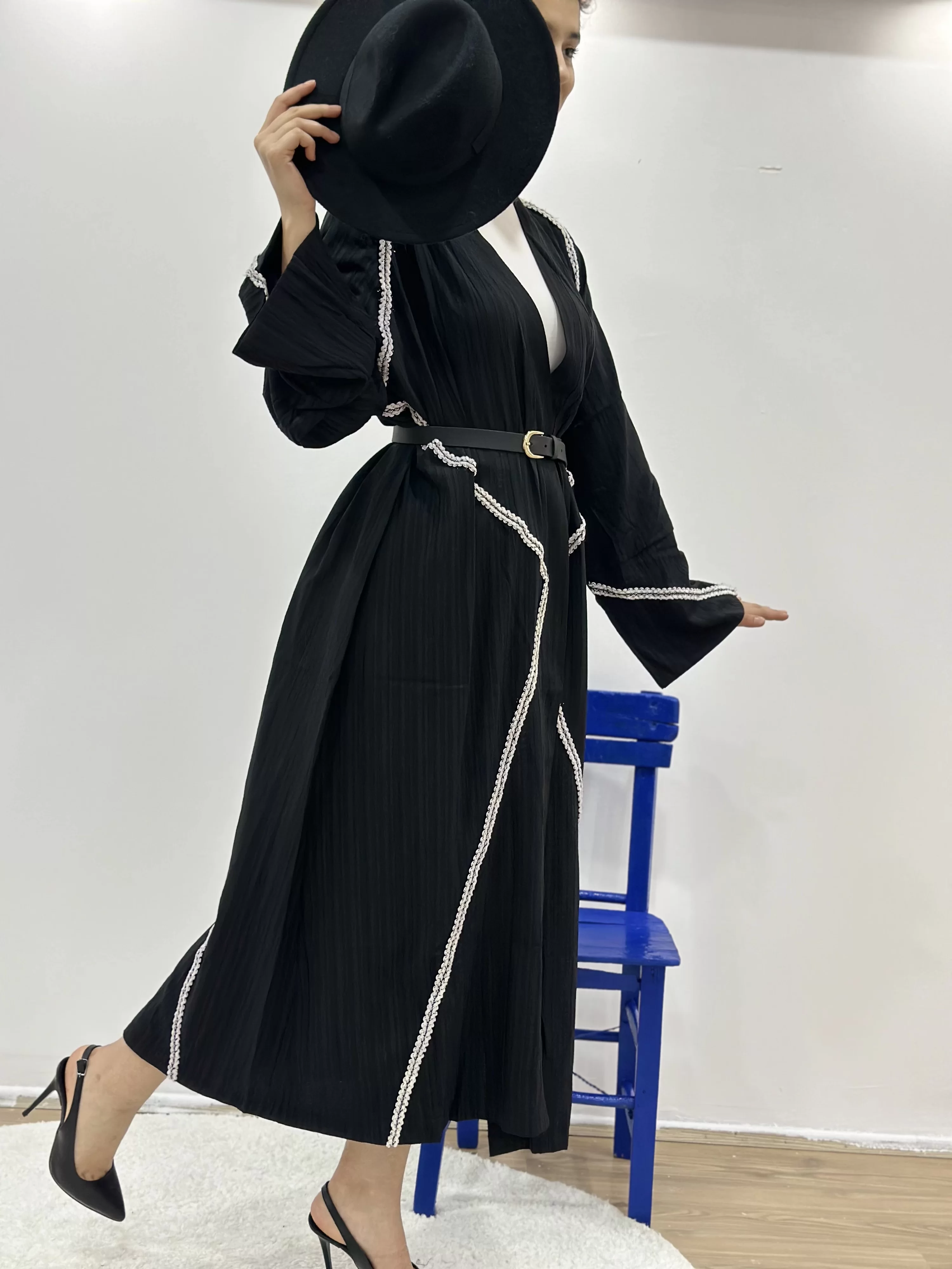 Şerit Detaylı Gofre Uzun Kimono Ceket