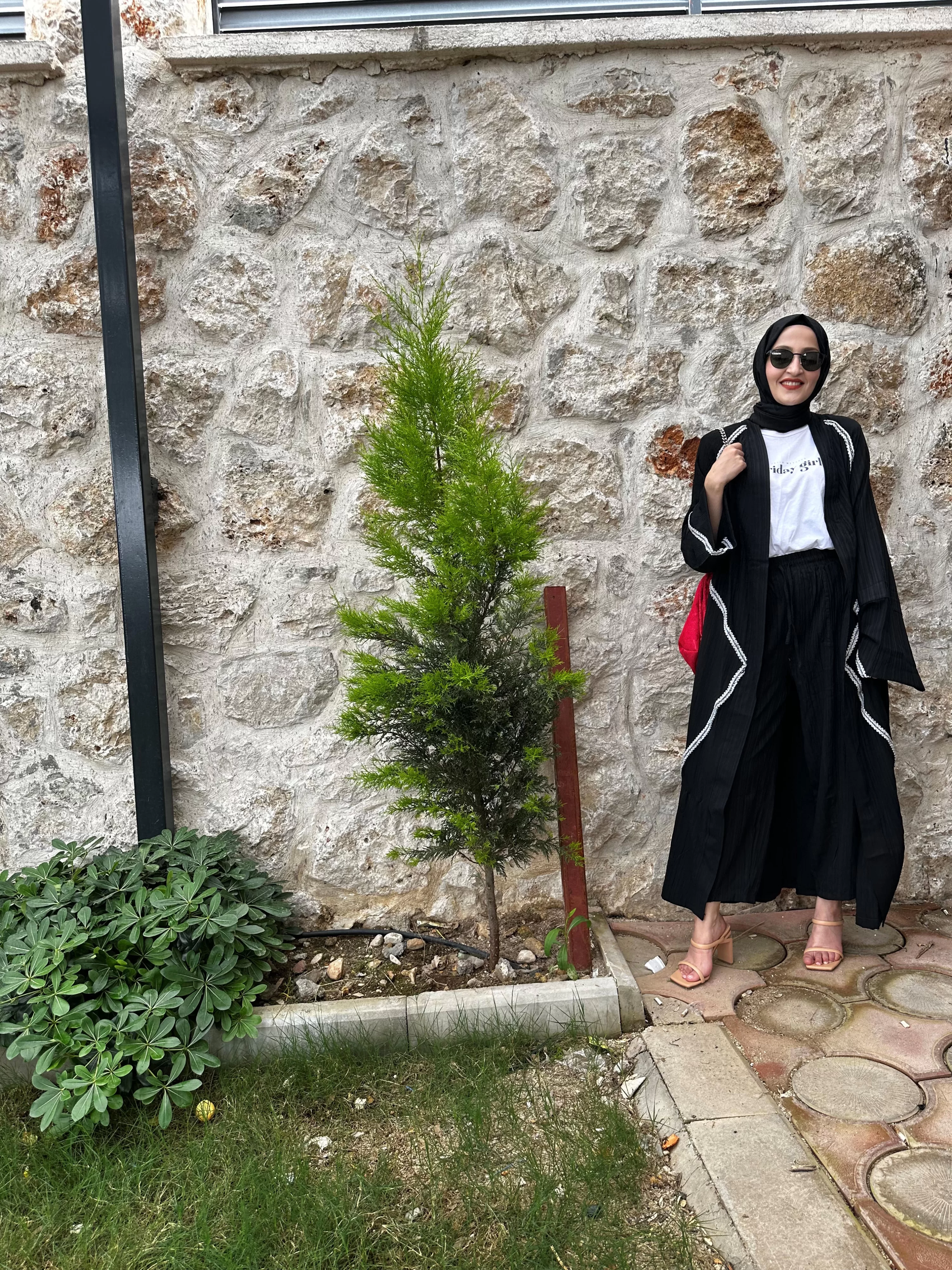 Şerit Detaylı Gofre Uzun Kimono Ceket