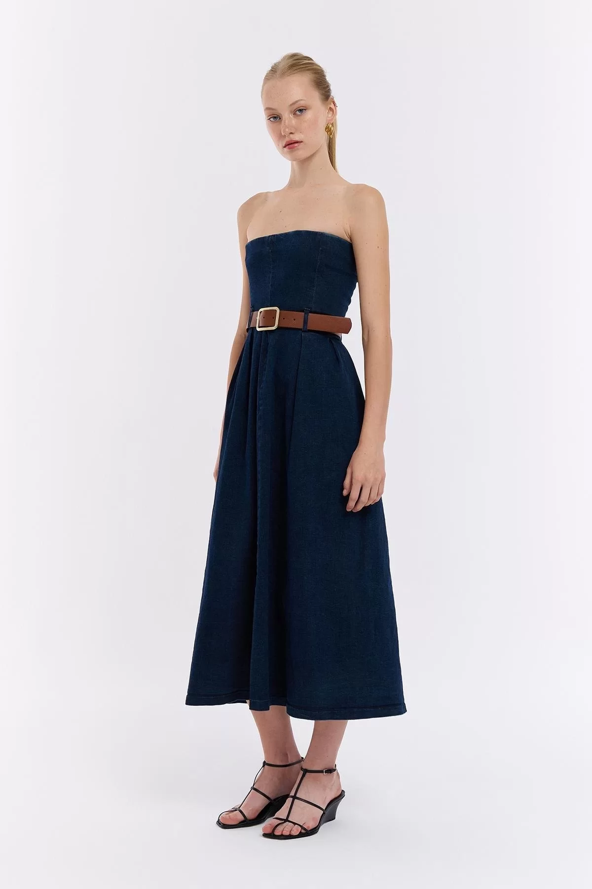 Straplez Denim Pileli Elbise Mavi