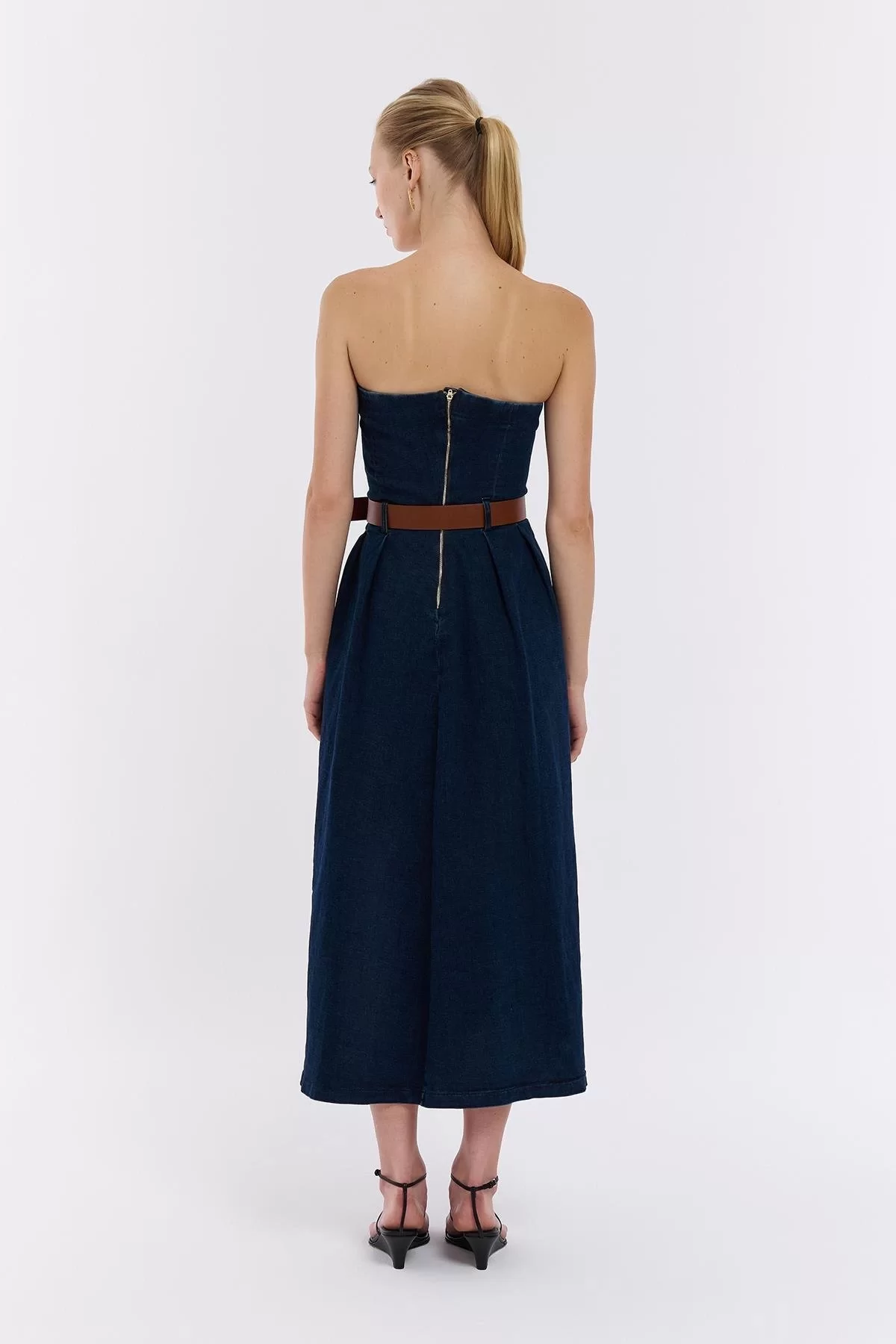 Straplez Denim Pileli Elbise Mavi
