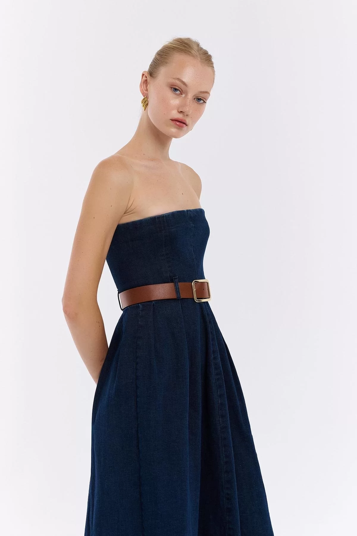 Straplez Denim Pileli Elbise Mavi