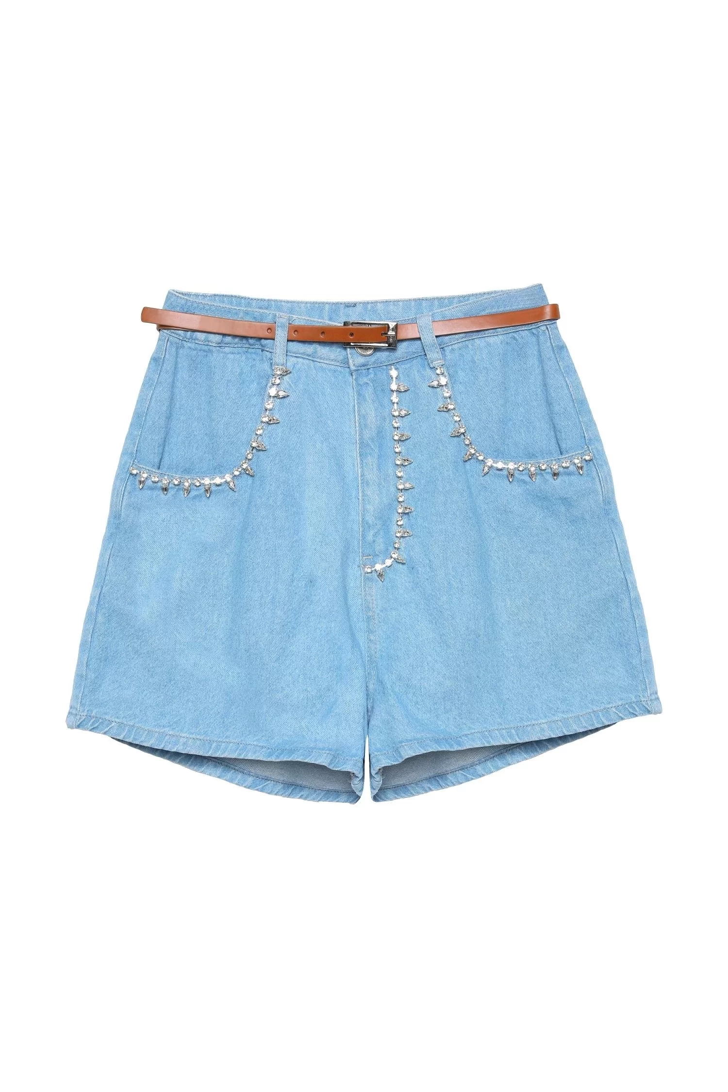 Taş Detaylı Denim Şort Mavi