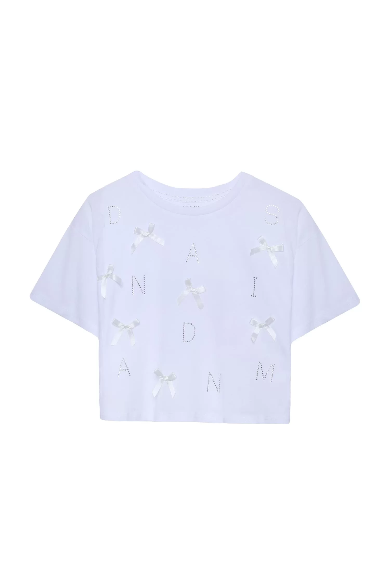 Taş ve Fiyonk Detaylı T-shirt Beyaz