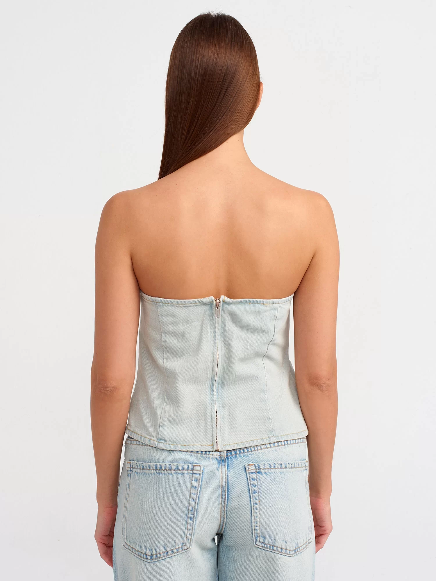 Yanları Büzgülü Denim Büstiyer-Tint