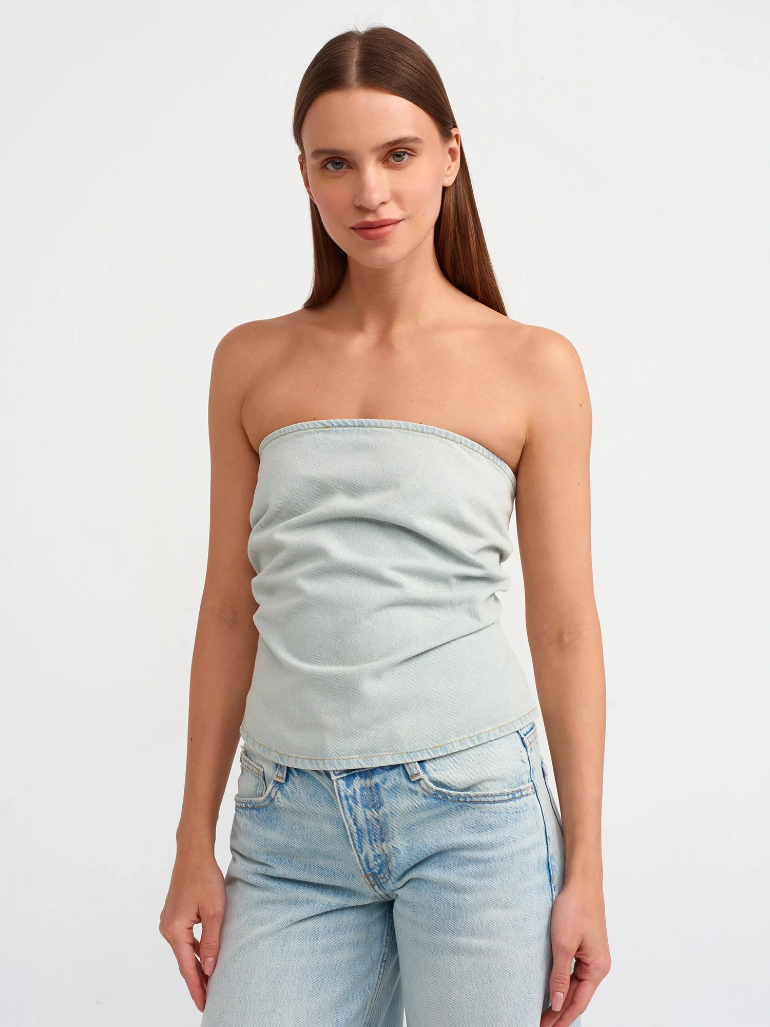 Yanları Büzgülü Denim Büstiyer-Tint