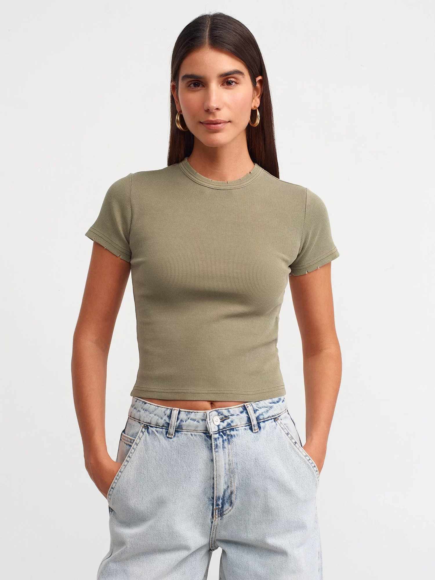 Yıkama Efektli T-Shirt-Haki