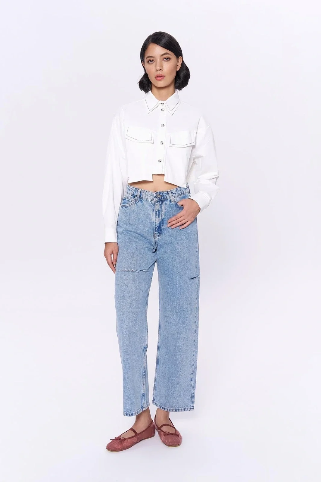 Yırtık Detaylı Bol Paça Denim Pantolon Mavi