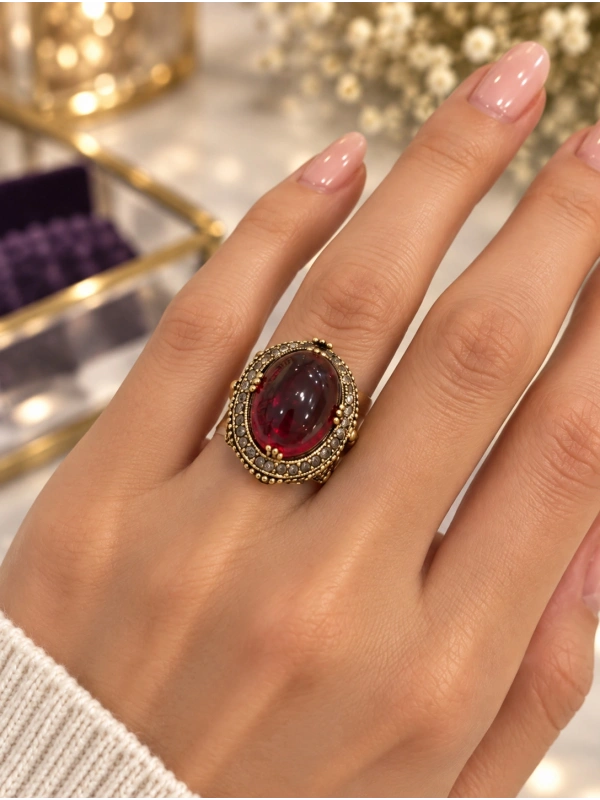 Bordo Oval Taşlı Yüzük