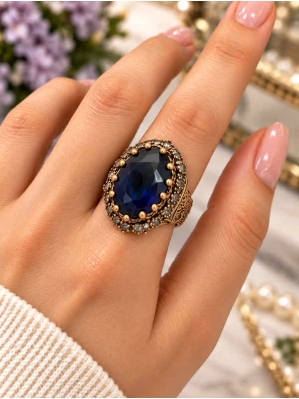 Lacivert Oval Taşlı Yüzük