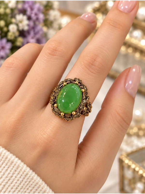 Yeşil Oval Taşlı Yüzük