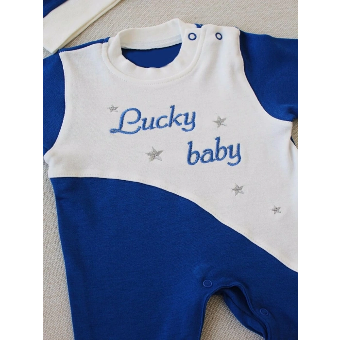0-3 3-6 Ay Lucky Turk Nakışlı Es Çizgi Boy Şapkalı Erkek Bebek Tulumu Lacivert