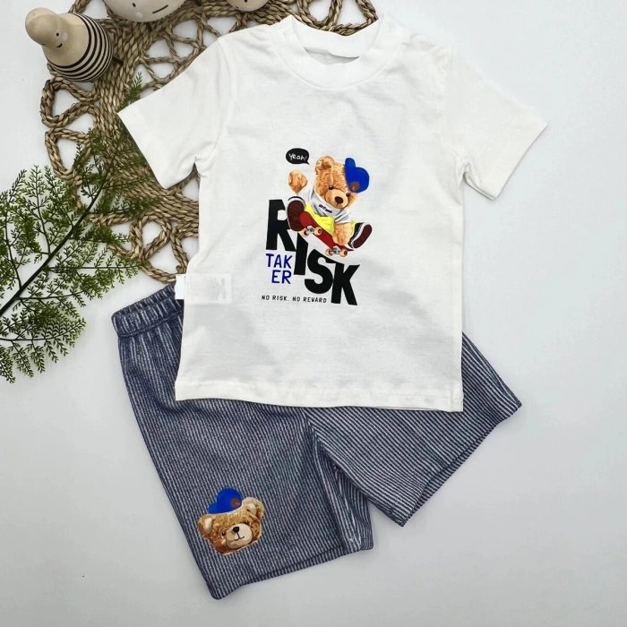 1-2-3 Yaş Kaykaycı Ayı Baskılı Şortlu Kısa Kollu Tişört 2li Erkek Bebek Takımı İndigo