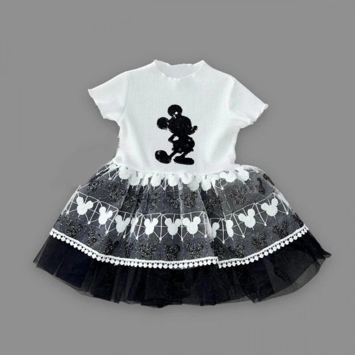 1-2-3 Yaş Payetli Mickey Baskılı Brode Etekli Kız Bebek Elbisesi Siyah