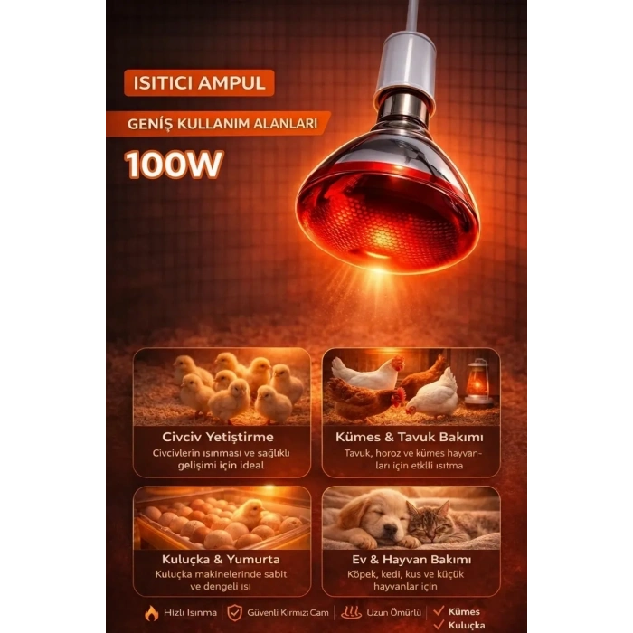 100W Isıtıcı Ampul Kırmızı Isı Lambası Civciv Kümes Kuluçka E27 Duy Isıtma Ampulü (  )