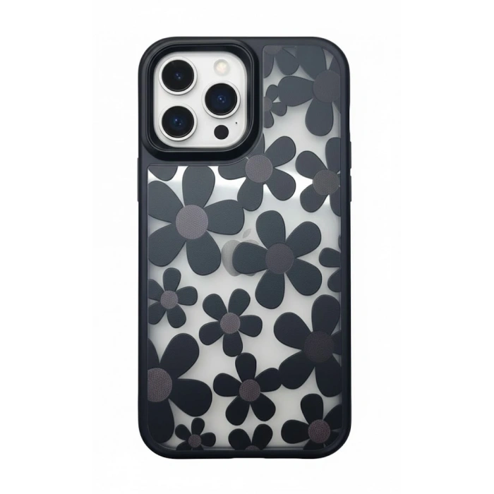 16 Pro Max Çiçekli Kılıf Bağlama Aparatlı Siyah