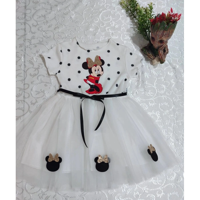 2-3-4 Yaş Puantiyeli Mickey Baskılı Kurdela Kuşaklı Astarlı Kız Bebek Tütü Elbisesi Beyaz