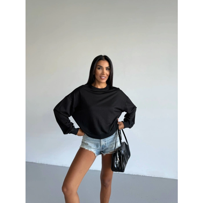 2 iplik bisiklet yaka sweat siyah