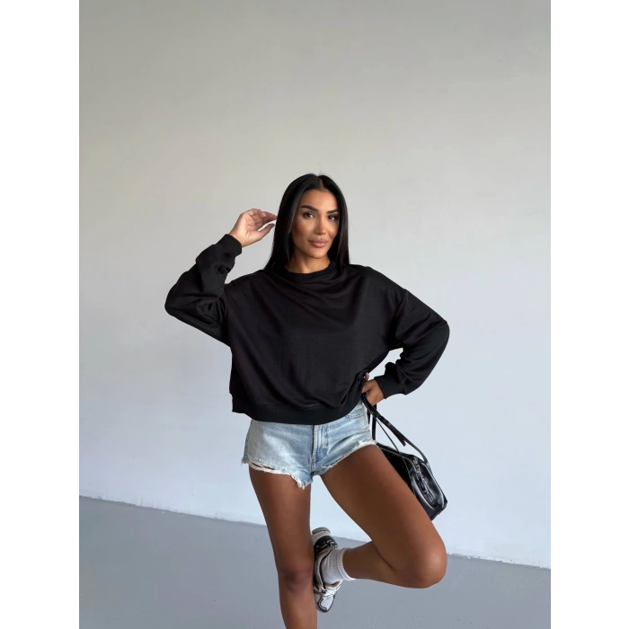 2 iplik bisiklet yaka sweat siyah