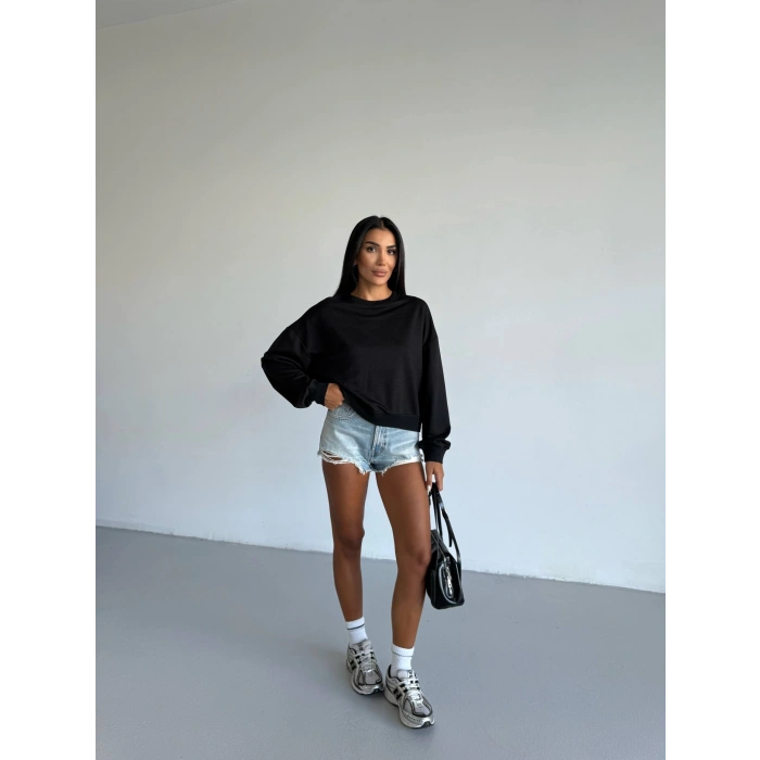 2 iplik bisiklet yaka sweat siyah