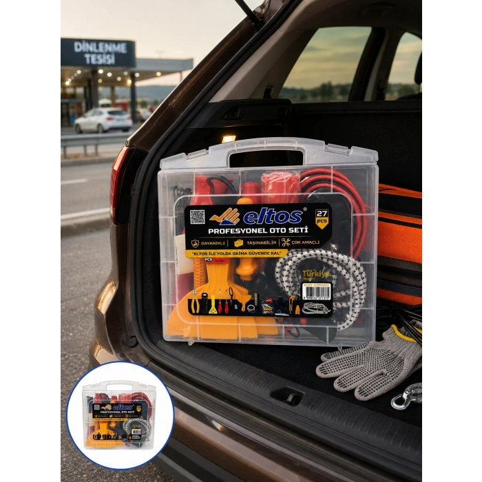 27 Parça Oto Güvenlik ve Bakım Seti Şeffaf Taşıma Kutulu Araç Ekipman Çantasız