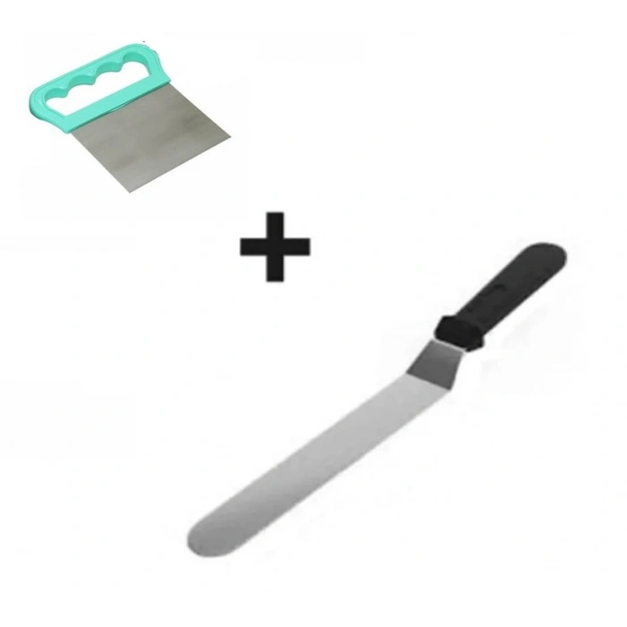 2li Set Hamur Şekillendirici Eğik Pasta Spatulası ve Metal Hamur Kesici Kazıyıcı Spatula