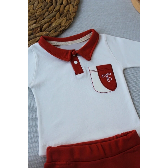 3-6 6-9 9-12 Ay E Nakışlı Cep Şapkalı Uzun Kollu Sweat 3lü Erkek Bebek Takımı Kiremit
