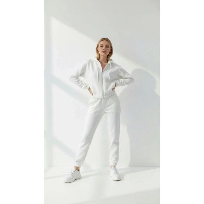 3 iplik şardonlu Kapşonlu fermuarlı kısa üst beyaz pat8590