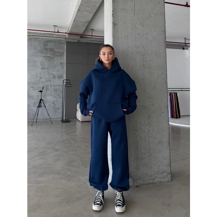 3 iplik şardonlu kapşonlu sweatshirt lacivert p510436