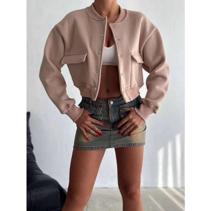 3 iplik şardonlu Önü çıtçıtlı cepli ceket bej