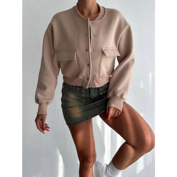 3 iplik şardonlu Önü çıtçıtlı cepli ceket bej