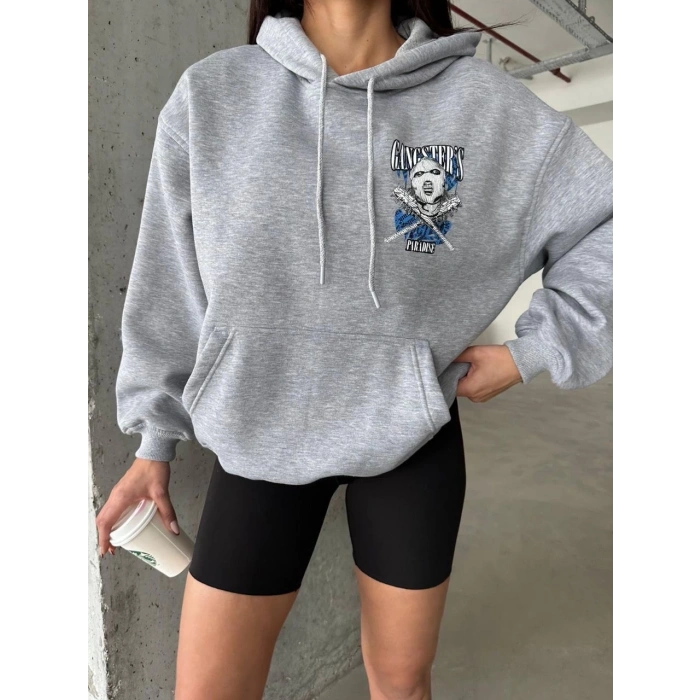 3 iplik şardonlu oversize kafa baskılı sweat gri
