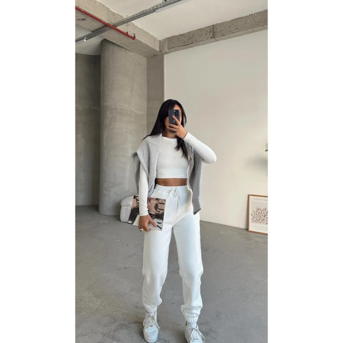 3 iplik şardonlu paça lastikli eşofman beyaz