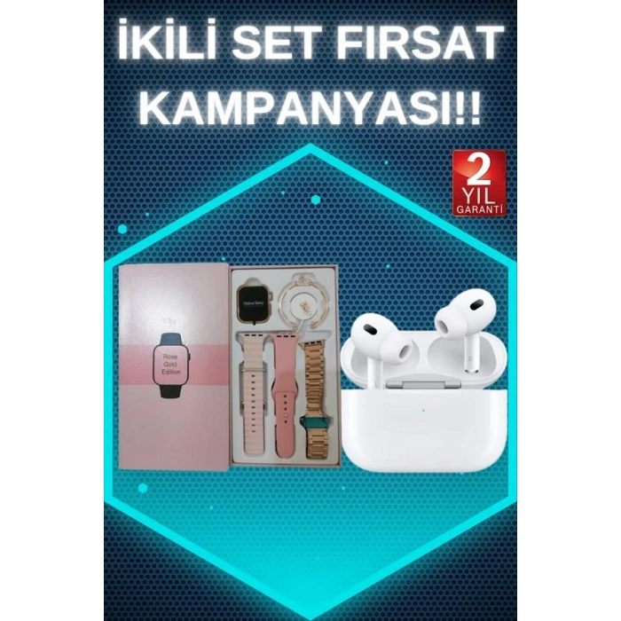 3 Kordonlu Pembe Amoled Ekran Akıllı Saat ve Yeni Nesil Pro Kablosuz Bluetooth Kulaklık ANC/ENC