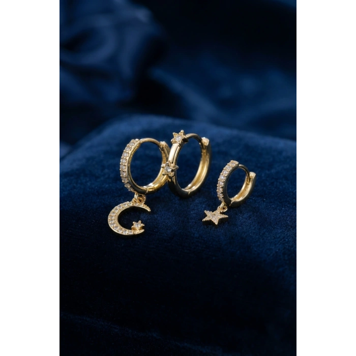 3 lü Ay ve Yıldız Model Gold Renk Set Küpe