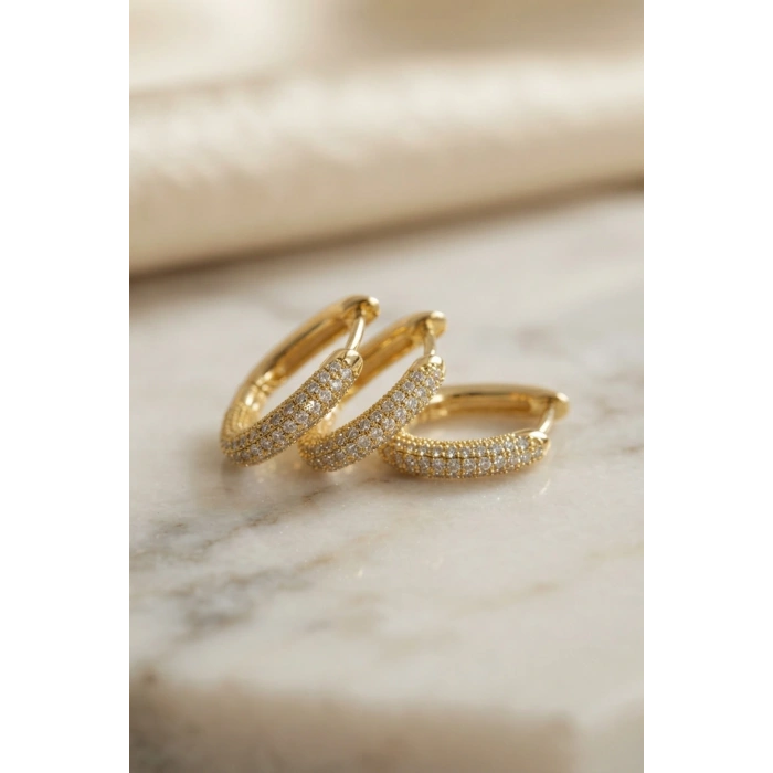 3 lü Set Gold Renk Zirkon Taşlı Kare Halka Küpe