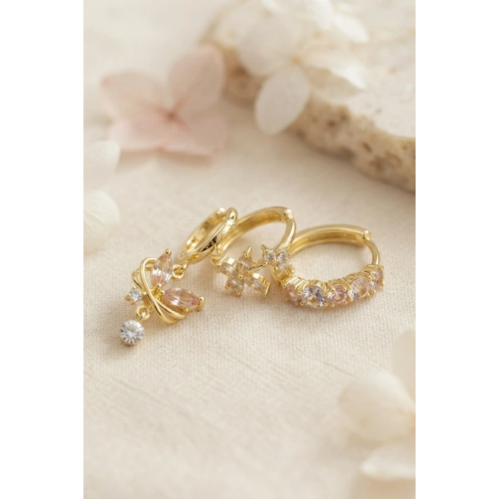 3 lü Set Gold Renk Zirkon Taşlı Kelebek Model Küpe