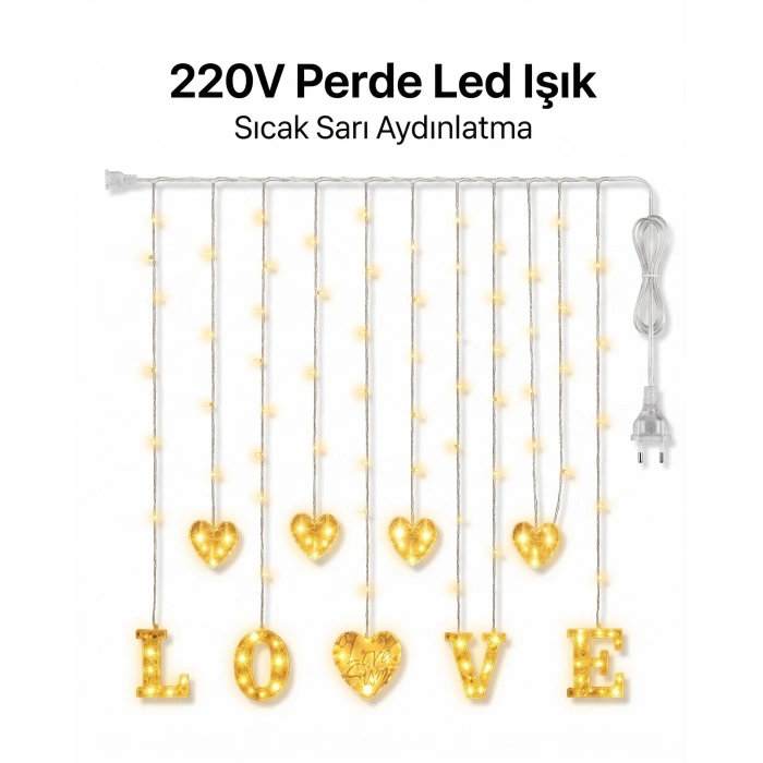 3 Metre Perde Led Işık - 8 Modlu Kalp ve LOVE Figürlü Dekoratif Animasyonlu Led