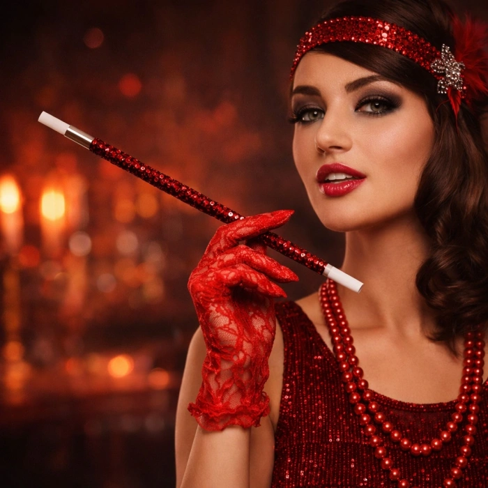 30 cm Kırmızı Payetli Sigara Tutacağı – 1920’ler Gatsby Parti Aksesuarı