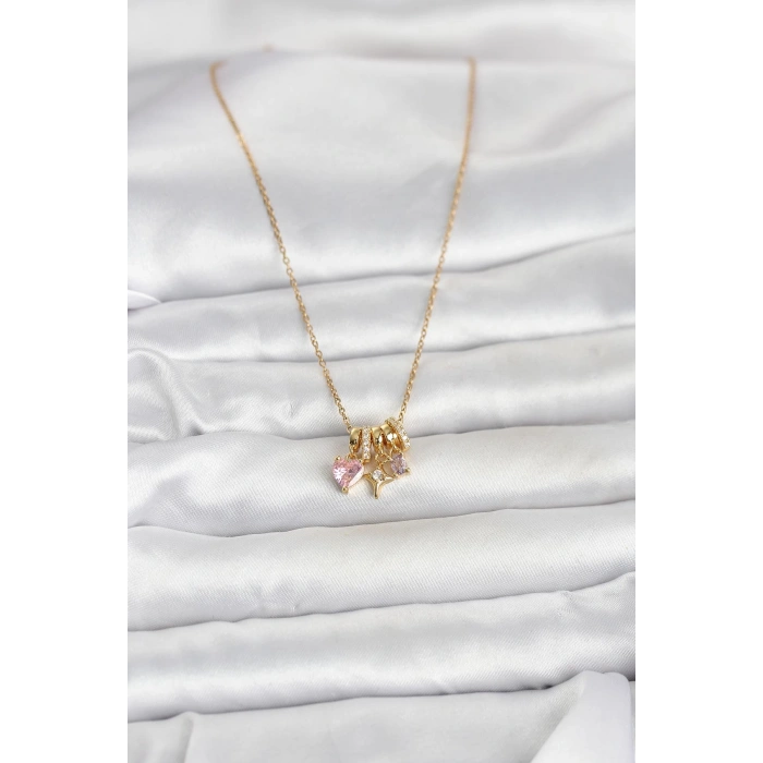 316L Çelik Gold Pembe Zirkon Taşlı Charmlı Kadın Kolye
