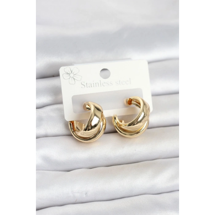 316L Çelik Gold Renk Asimetrik Halka Model Kadın Küpe
