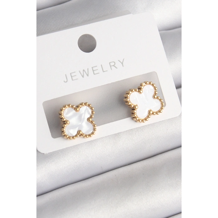 316L Çelik Gold Renk Beyaz Minelik Yonca Model Kadın Küpe